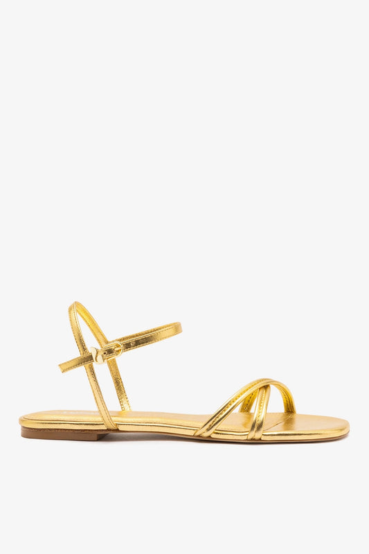 Annie Sandal Ankle Tie In Gold Metallic Leather - Larroude