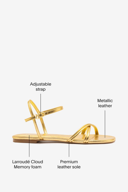 Annie Sandal Ankle Tie In Gold Metallic Leather - Larroude