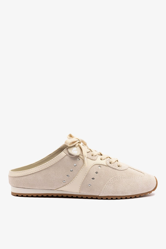 Stella Mule In Mushroom Grey Suede and Ivory Leather - Larroude