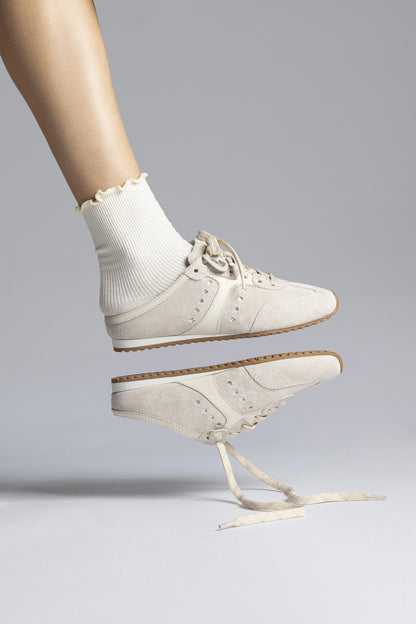 Stella Mule In Mushroom Grey Suede and Ivory Leather - Larroude