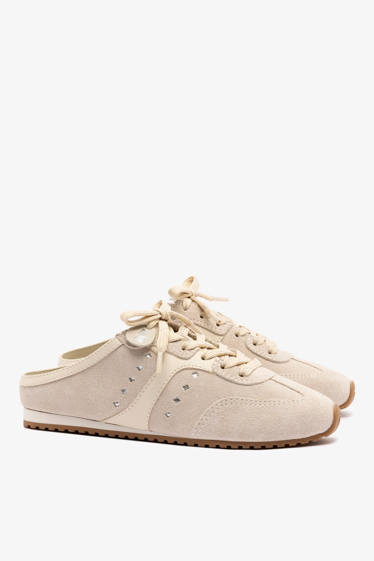 Stella Mule In Mushroom Grey Suede and Ivory Leather - Larroude