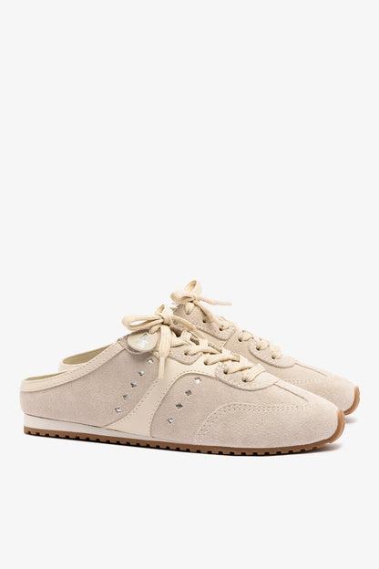 Stella Mule In Mushroom Grey Suede and Ivory Leather - Larroude