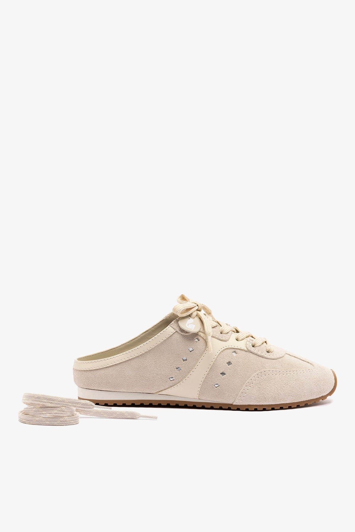 Stella Mule In Mushroom Grey Suede and Ivory Leather - Larroude