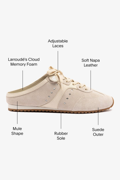 Stella Mule In Mushroom Grey Suede and Ivory Leather - Larroude