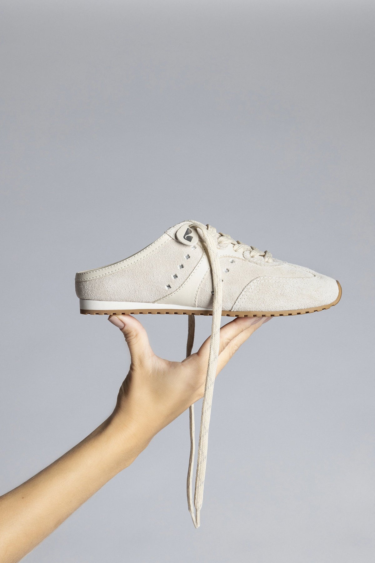 Stella Mule In Mushroom Grey Suede and Ivory Leather - Larroude