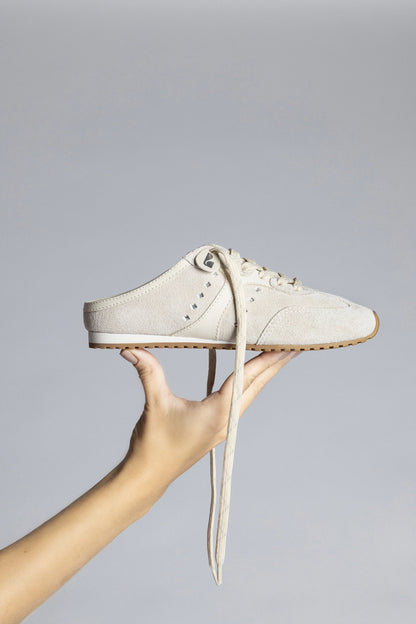 Stella Mule In Mushroom Grey Suede and Ivory Leather - Larroude