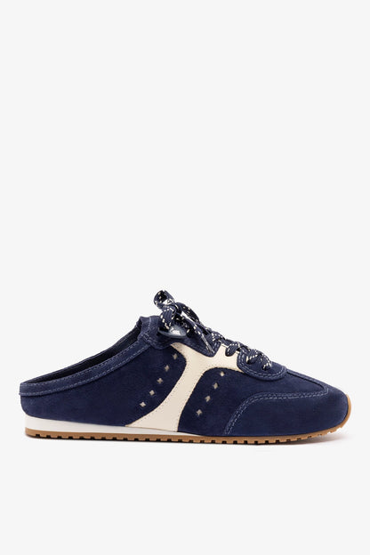 Stella Mule In Navy Suede and Ivory Leather - Larroude