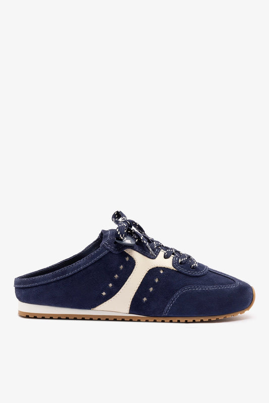 Stella Mule In Navy Suede and Ivory Leather - Larroude