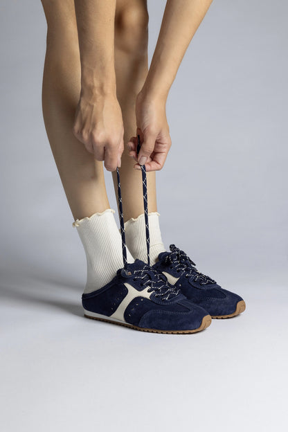 Stella Mule In Navy Suede and Ivory Leather - Larroude