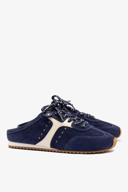 Stella Mule In Navy Suede and Ivory Leather - Larroude