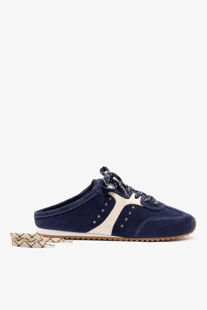 Stella Mule In Navy Suede and Ivory Leather - Larroude