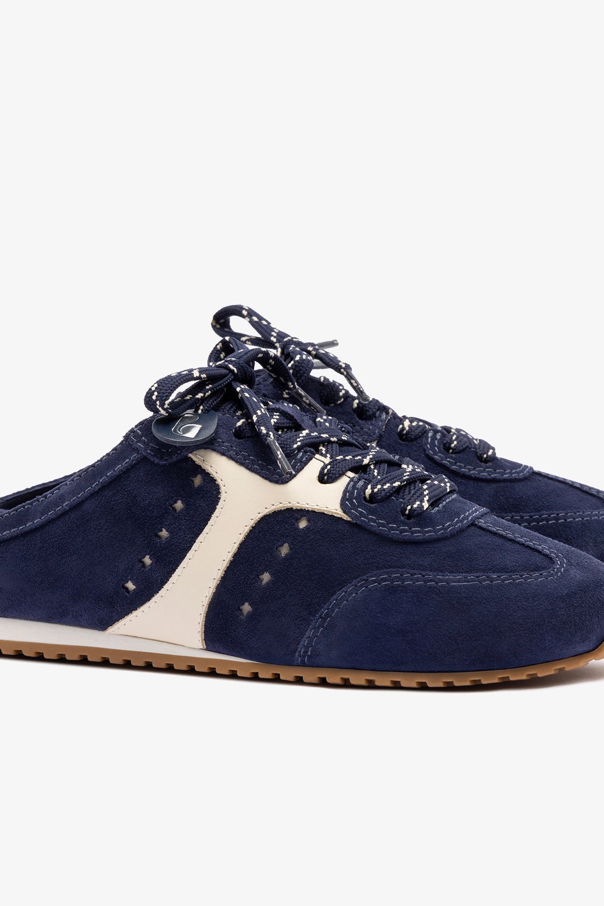 Stella Mule In Navy Suede and Ivory Leather - Larroude