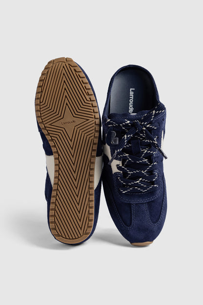 Stella Mule In Navy Suede and Ivory Leather - Larroude