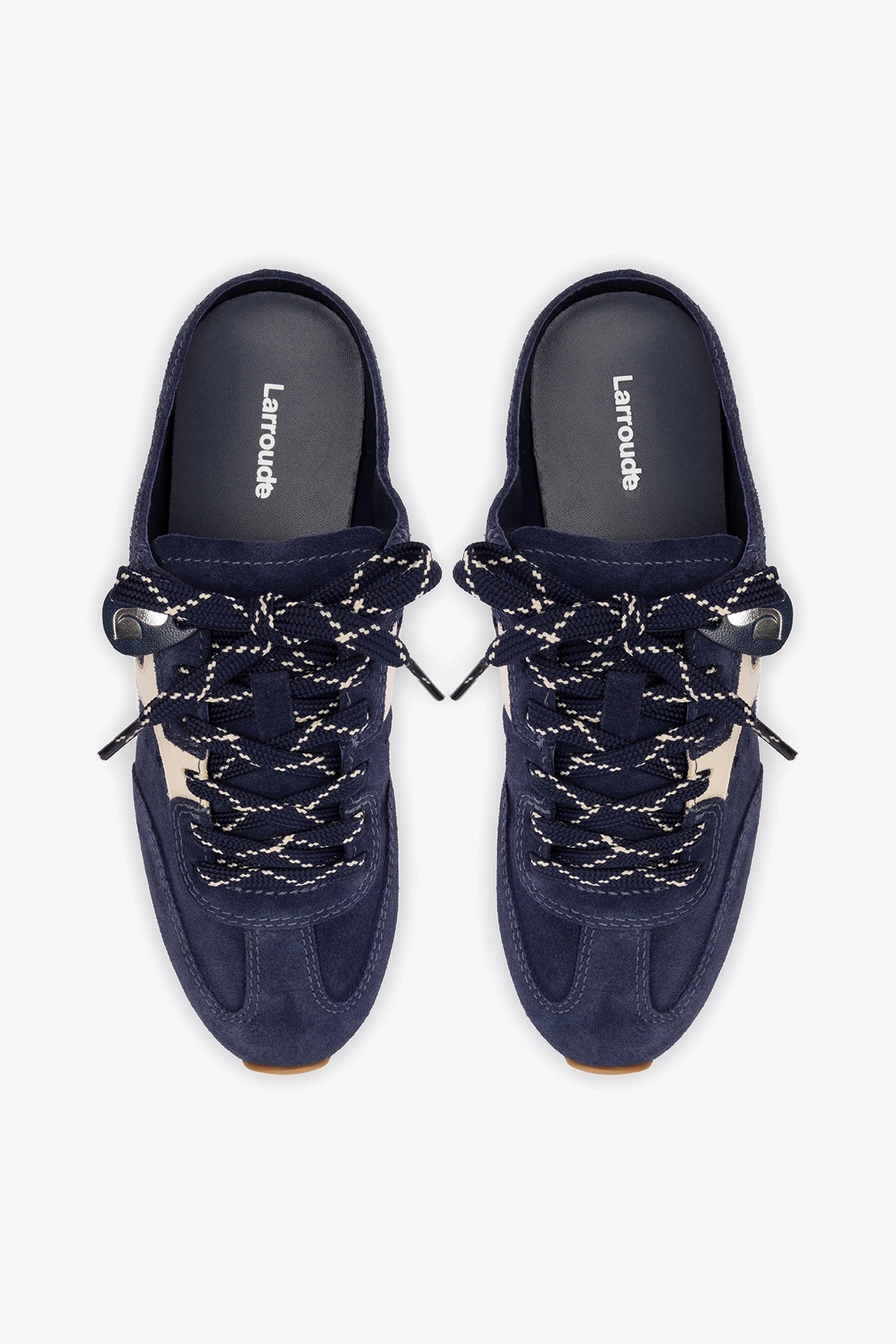 Stella Mule In Navy Suede and Ivory Leather - Larroude