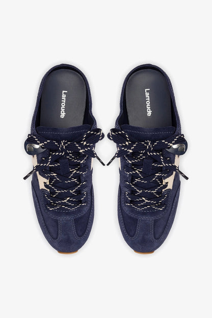 Stella Mule In Navy Suede and Ivory Leather - Larroude