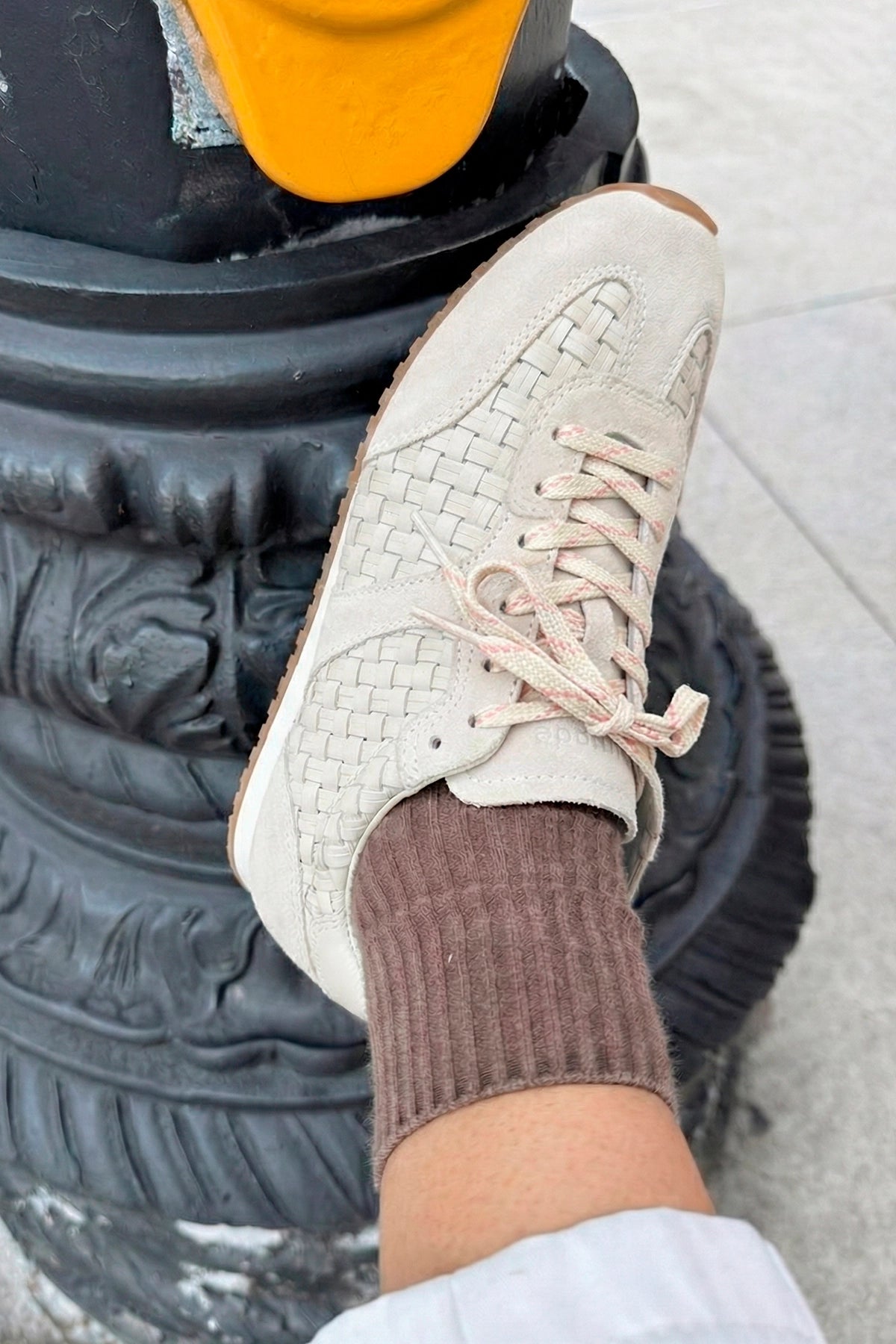 Stella Macrame Sneaker In Mushroom Grey Leather and Suede - Larroude