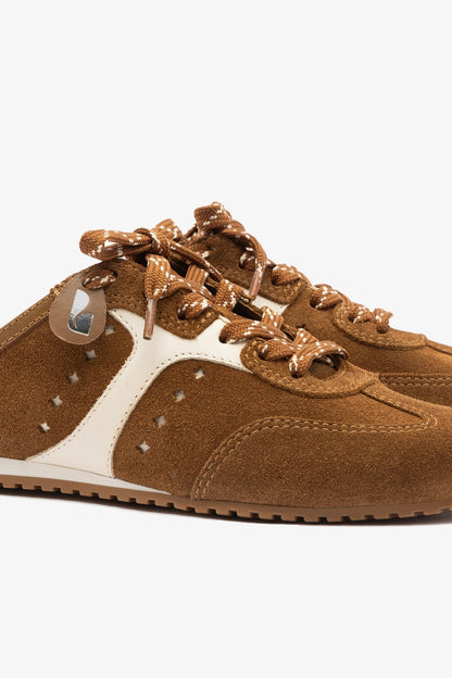 Stella Mule In Russet Suede and Ivory Leather - Larroude