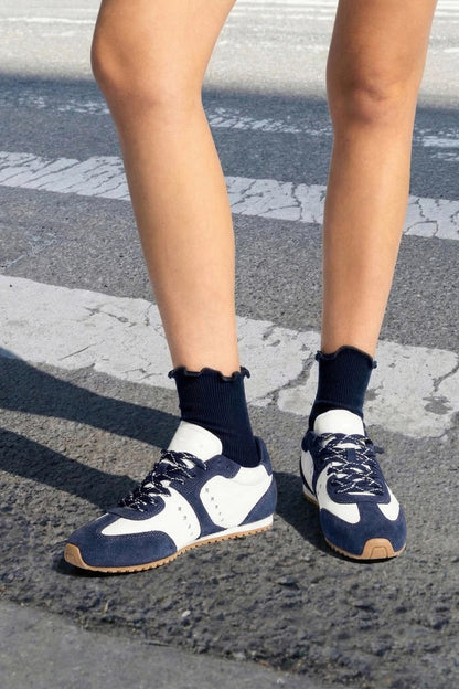 Stella Sneaker In White Leather and Indigo Suede - Larroude