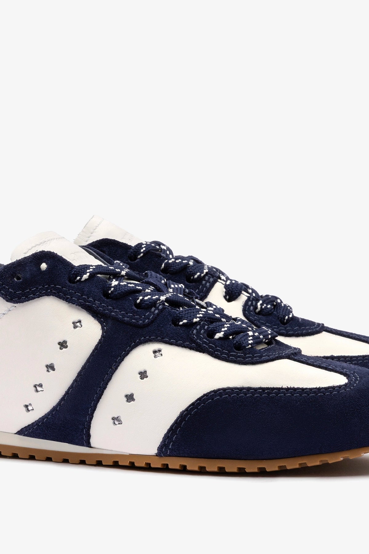 Stella Sneaker In White Leather and Indigo Suede - Larroude