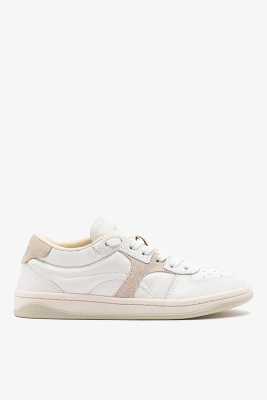 George Sneaker In White Leather and Mushroom Grey Suede - Larroude