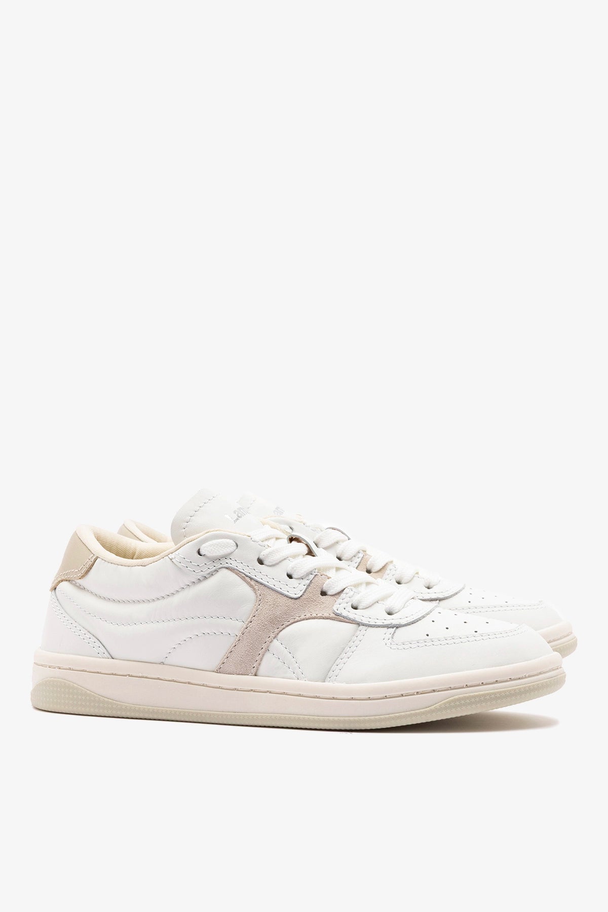 George Sneaker In White Leather and Mushroom Grey Suede - Larroude