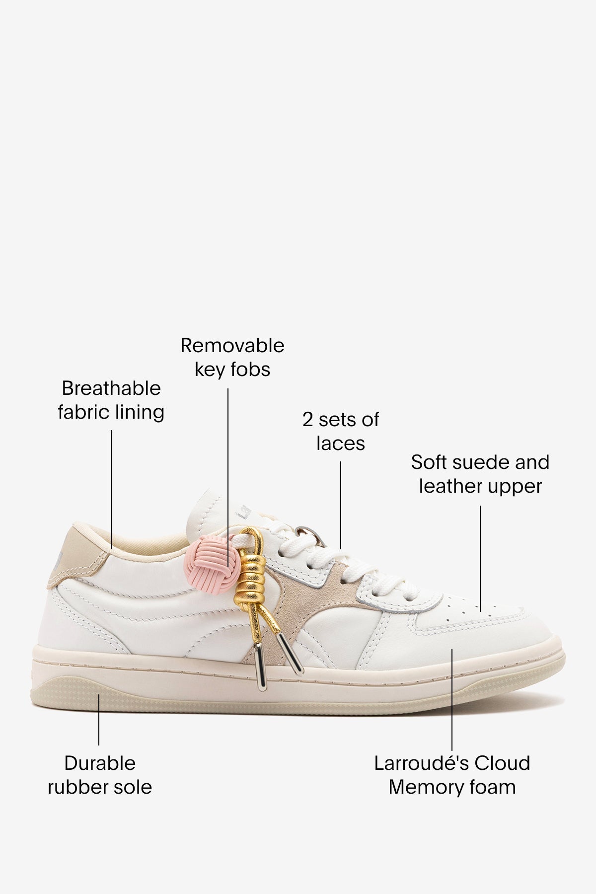 George Sneaker In White Leather and Mushroom Grey Suede - Larroude