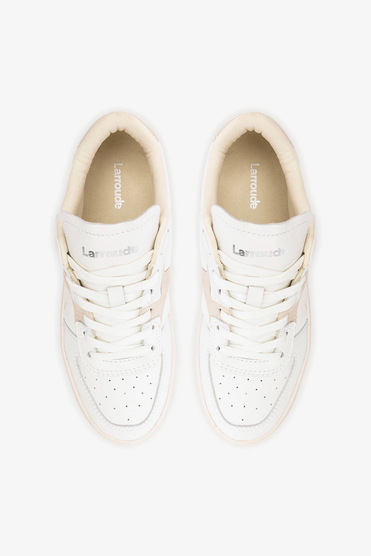 George Sneaker In White Leather and Mushroom Grey Suede - Larroude