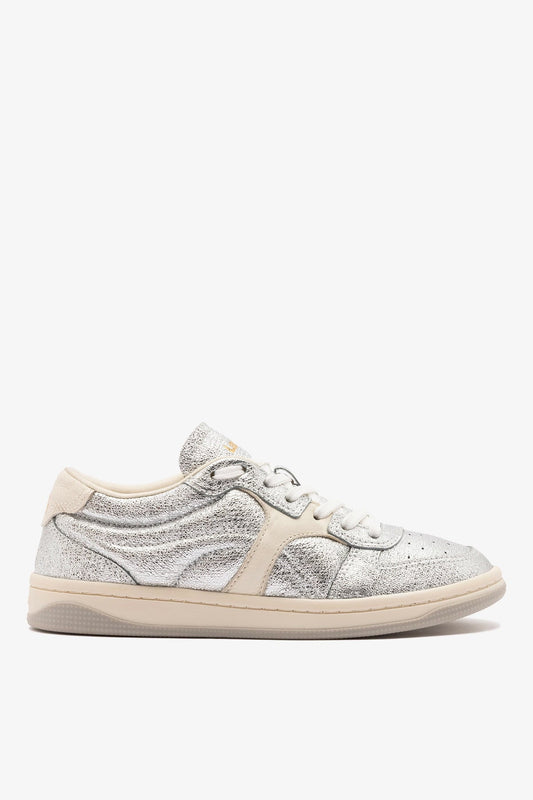George Sneaker In Silver Sparkle Leather and Ivory Leather - Larroude