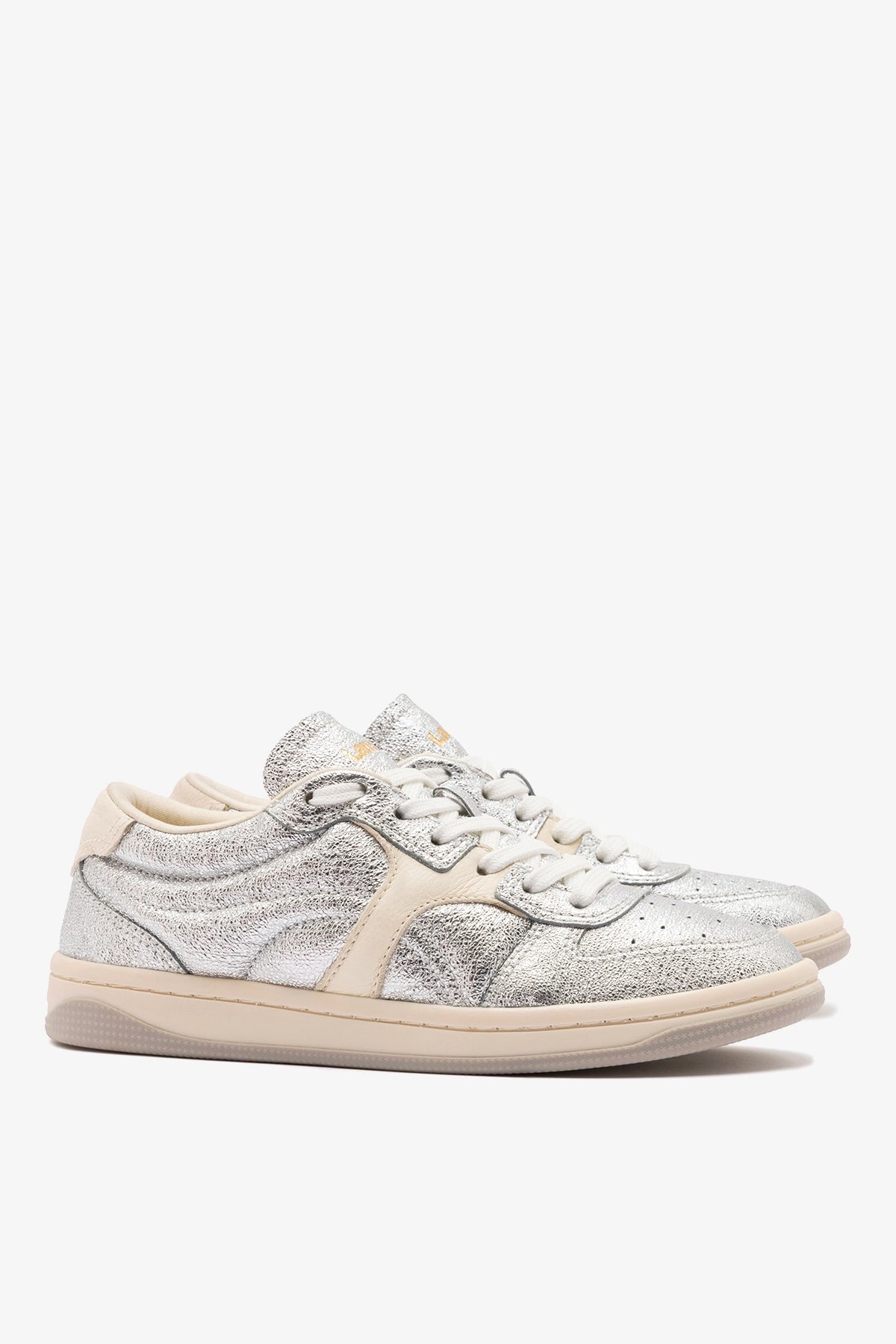 George Sneaker In Silver Sparkle Leather and Ivory Leather - Larroude
