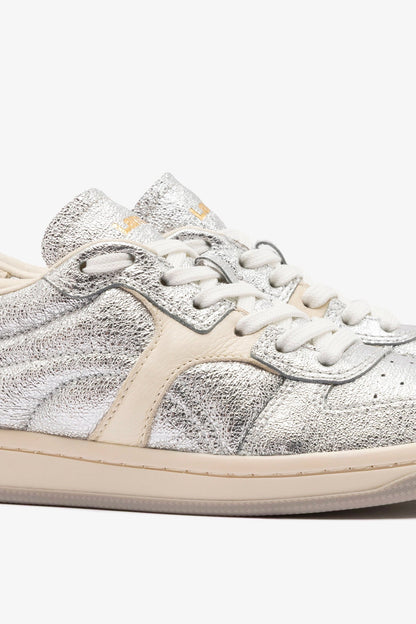 George Sneaker In Silver Sparkle Leather and Ivory Leather - Larroude