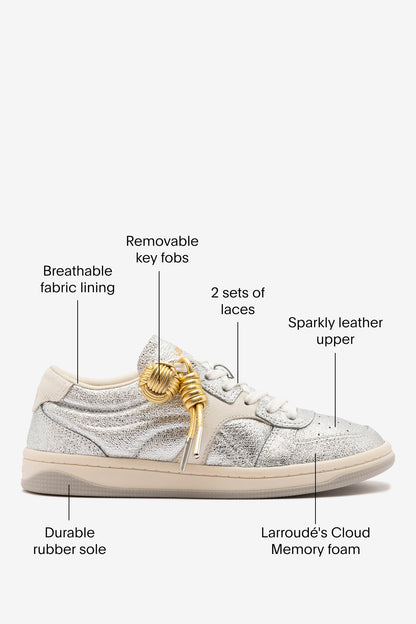 George Sneaker In Silver Sparkle Leather and Ivory Leather - Larroude