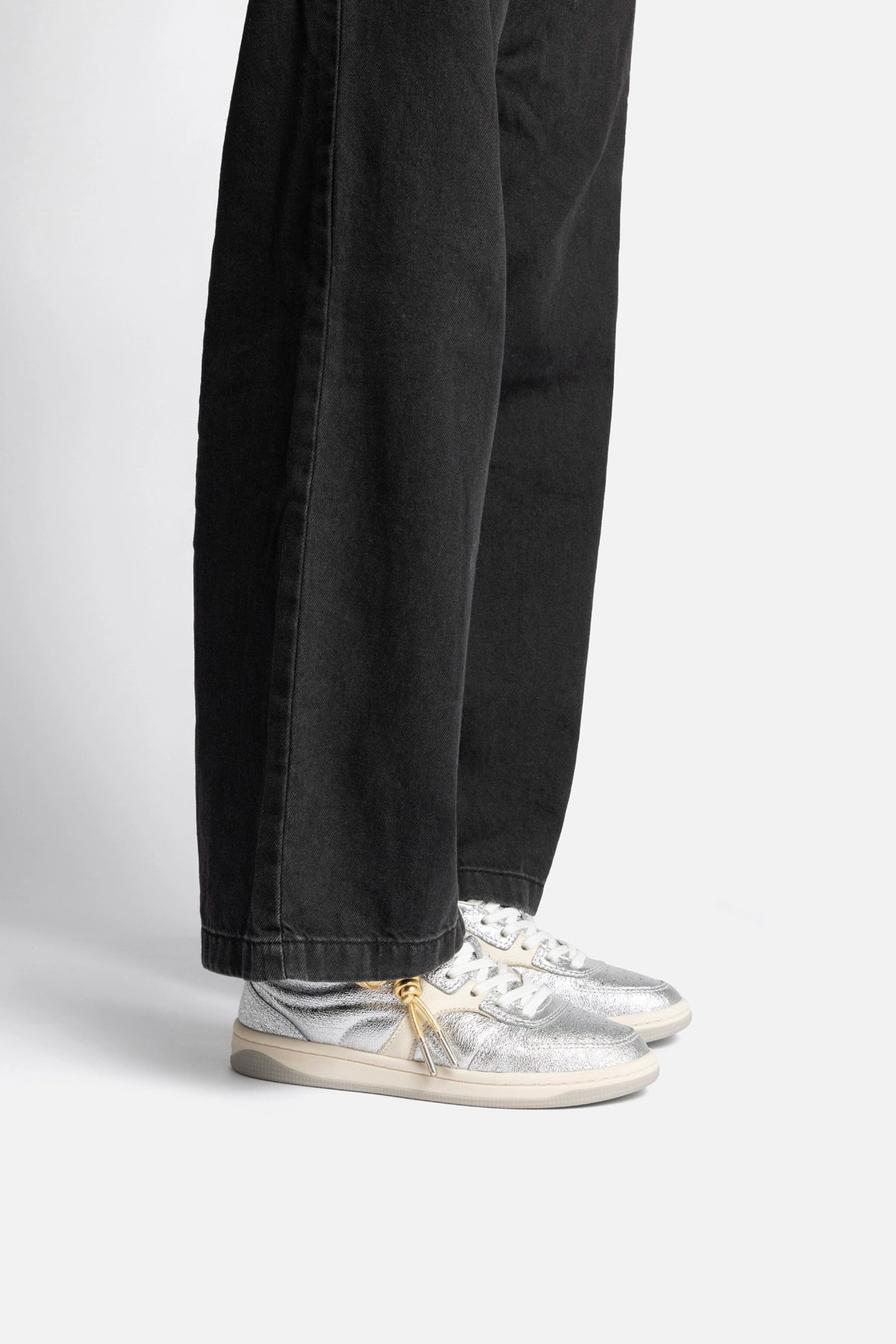 George Sneaker In Silver Sparkle Leather and Ivory Leather - Larroude