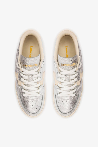 George Sneaker In Silver Sparkle Leather and Ivory Leather - Larroude