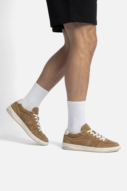 George Sneaker In Peanut Suede and Ivory Leather - Larroude