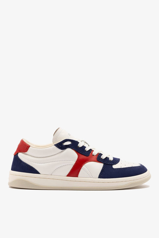 George Sneaker In White and Blood Red Leather and Navy Suede - Larroude