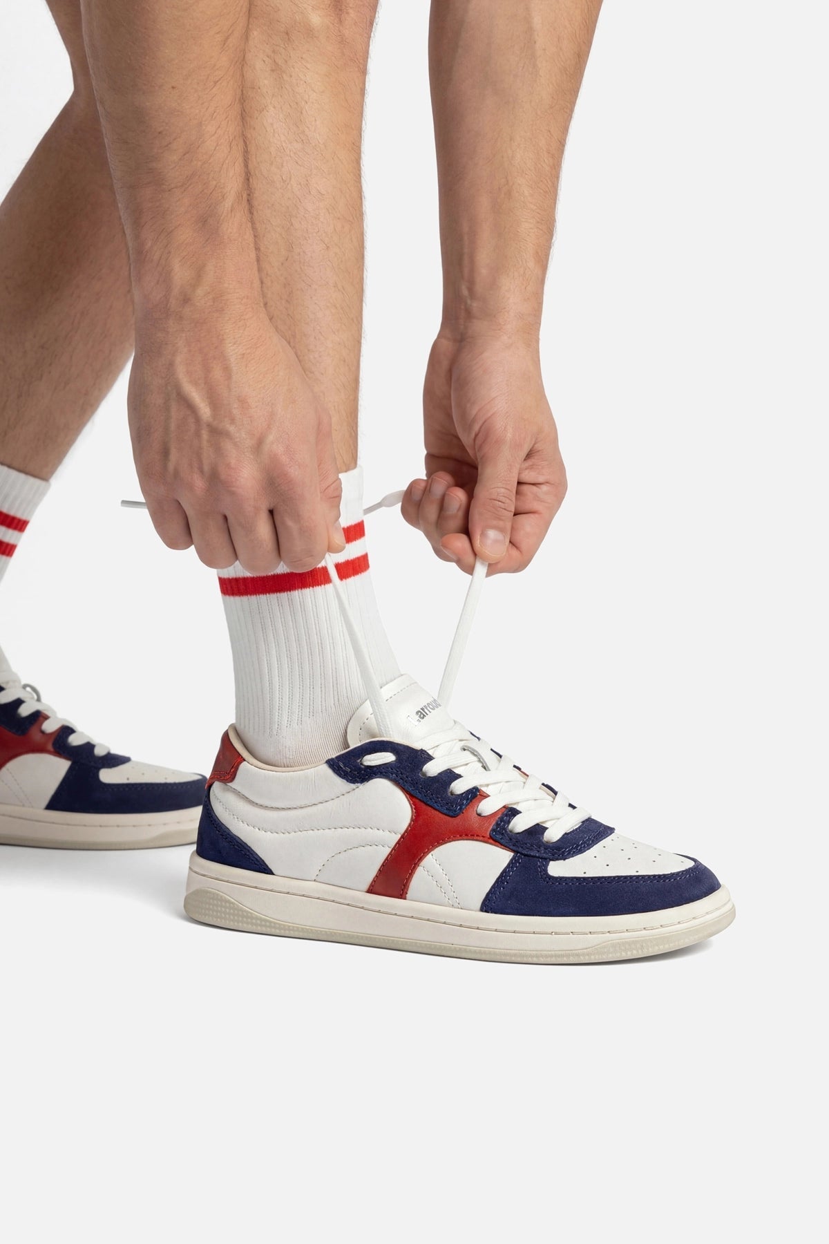 George Sneaker In White and Blood Red Leather and Navy Suede - Larroude