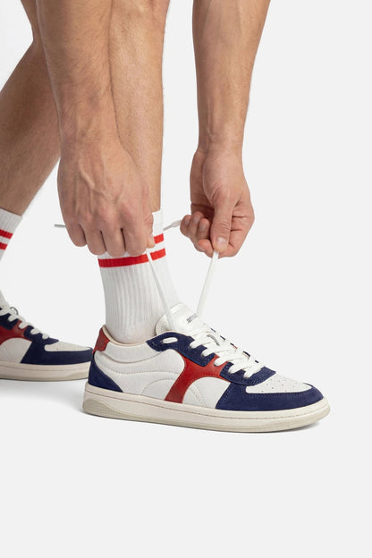 George Sneaker In White and Blood Red Leather and Navy Suede - Larroude