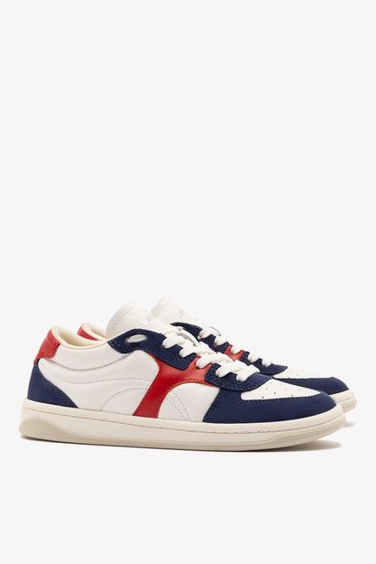 George Sneaker In White and Blood Red Leather and Navy Suede - Larroude