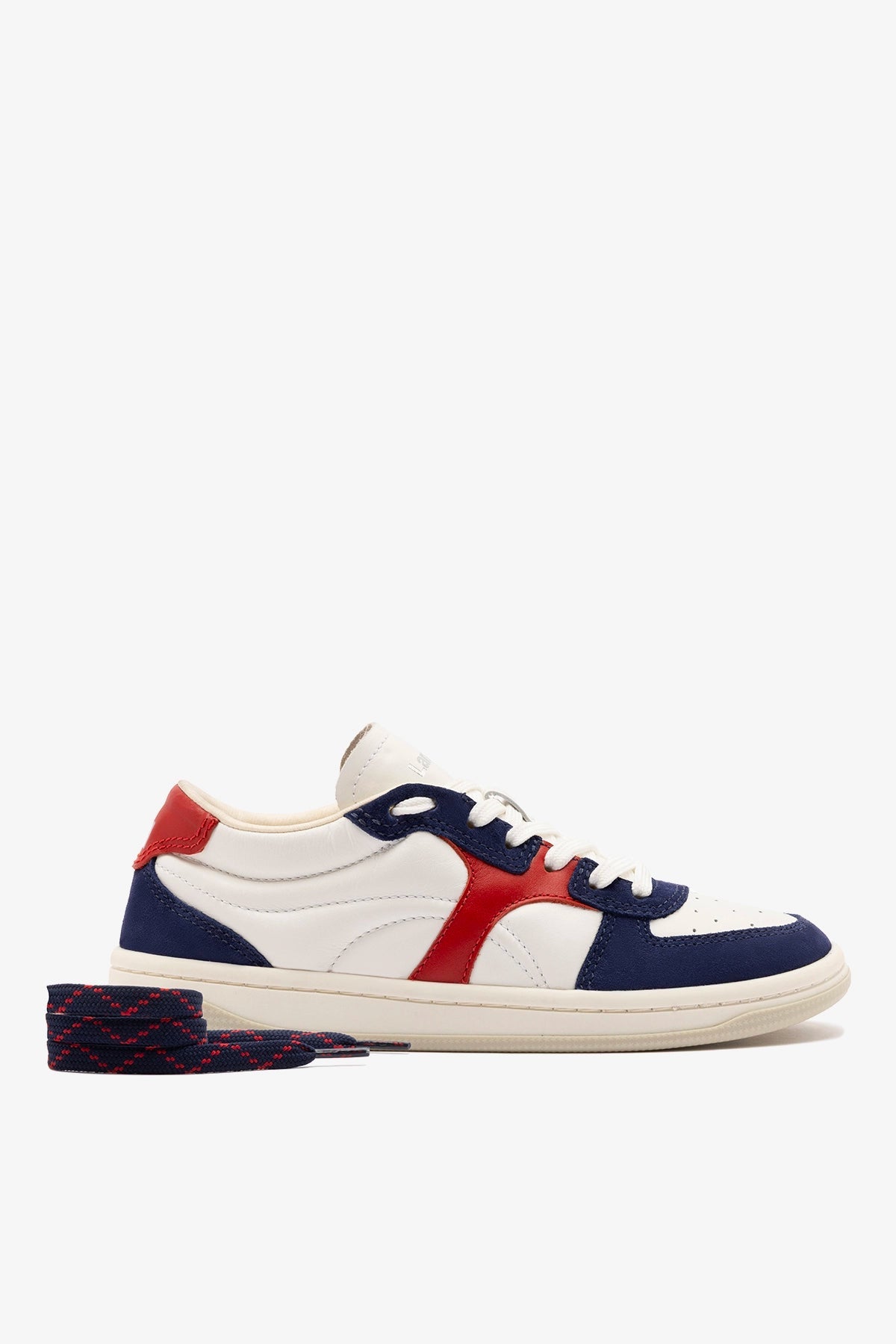 George Sneaker In White and Blood Red Leather and Navy Suede - Larroude