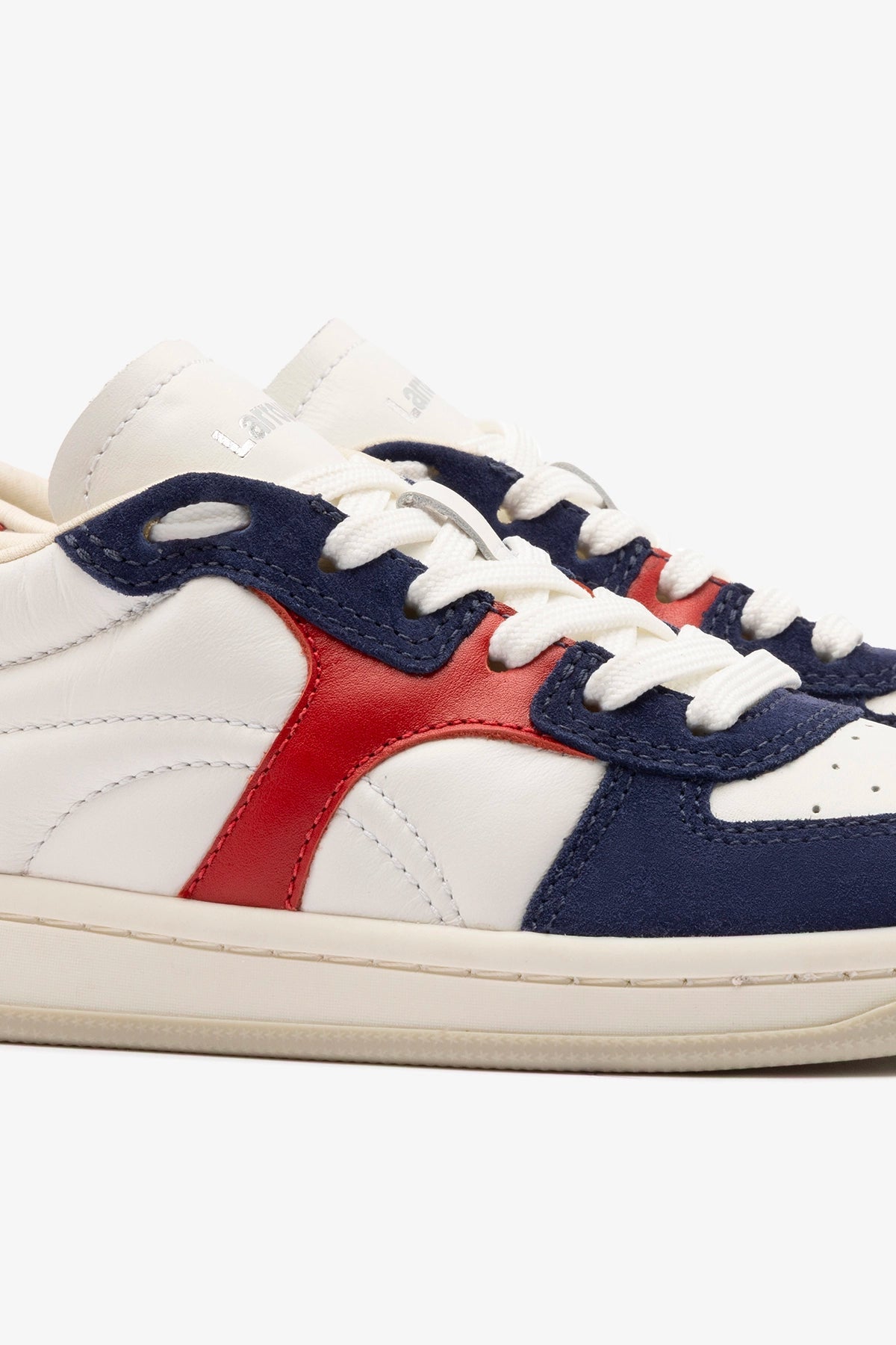 George Sneaker In White and Blood Red Leather and Navy Suede - Larroude