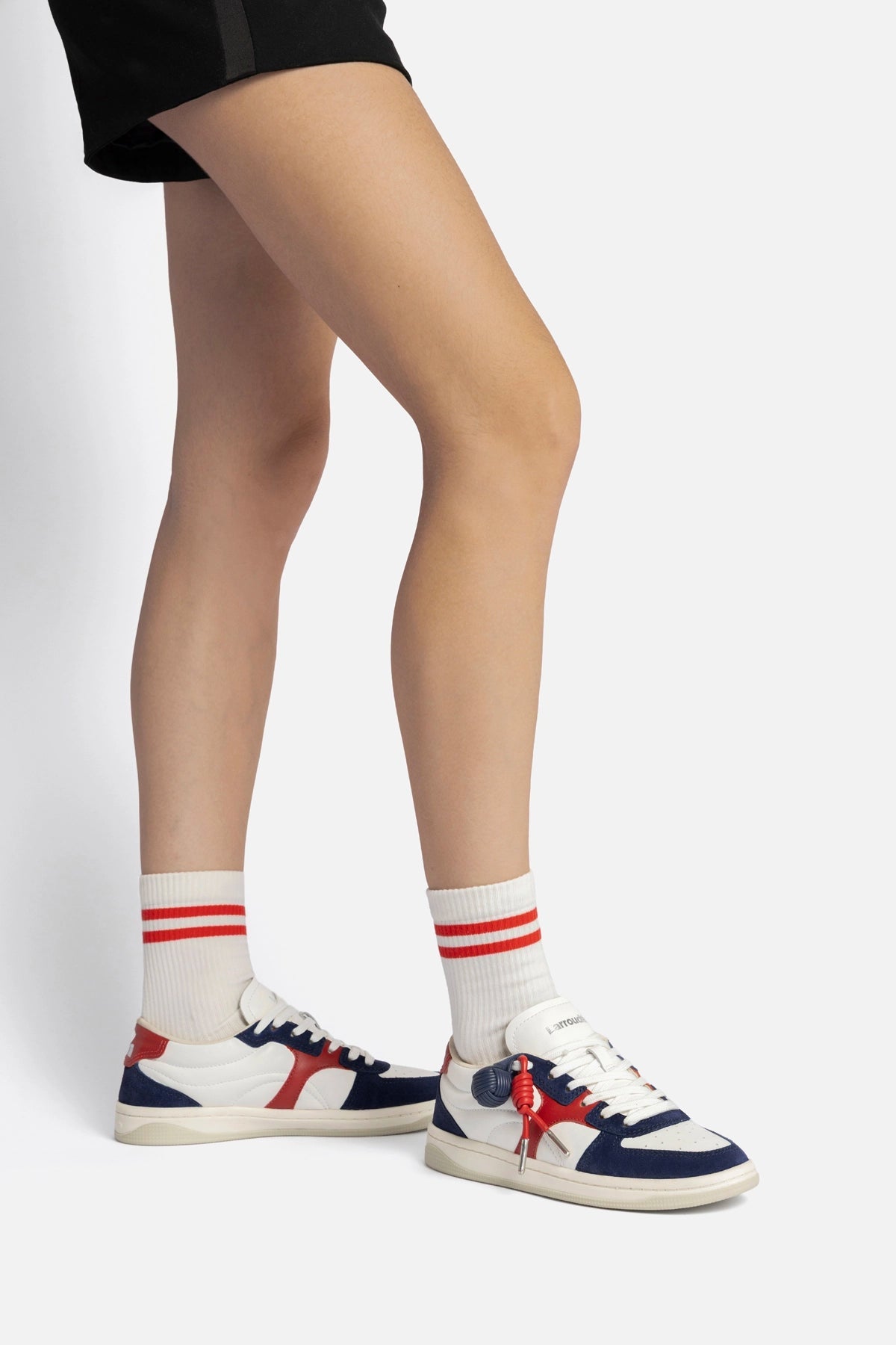 George Sneaker In White and Blood Red Leather and Navy Suede - Larroude