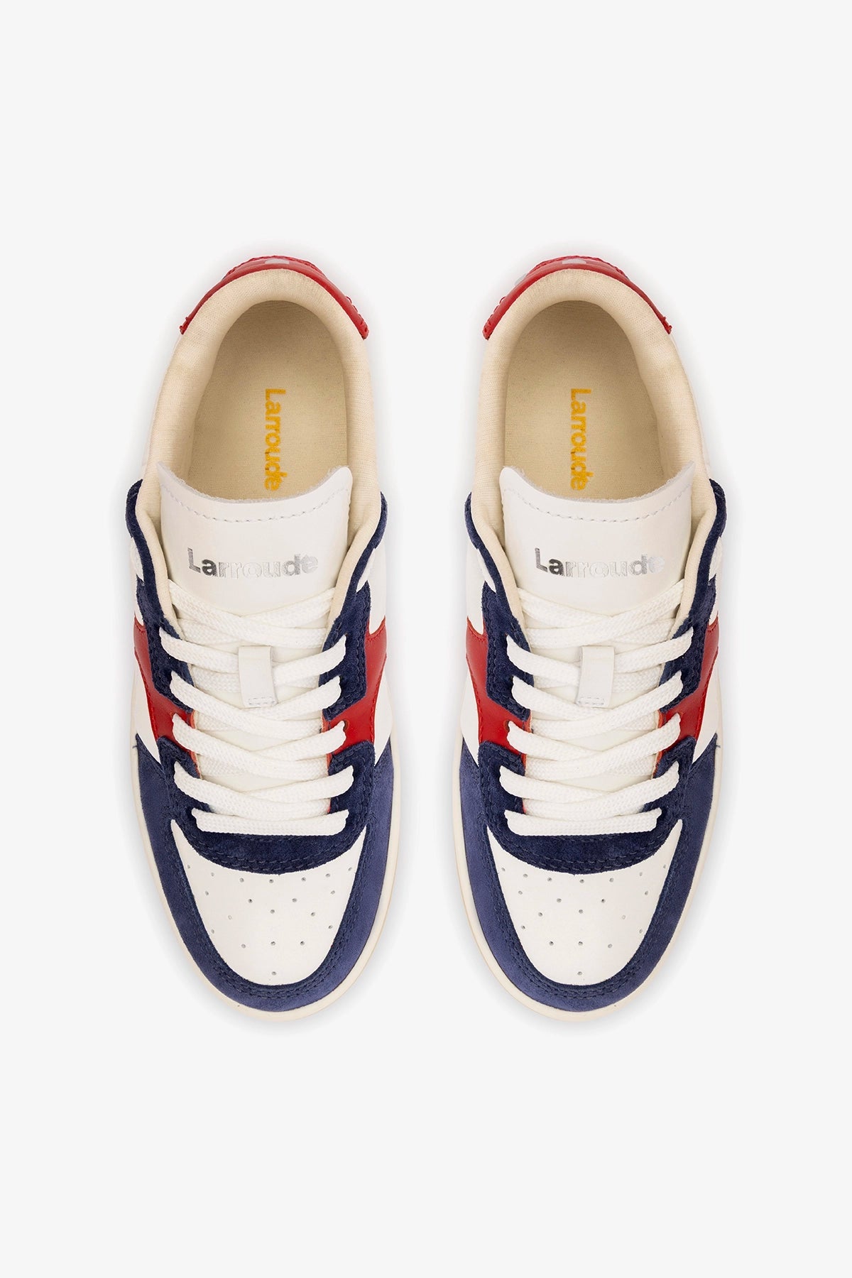 George Sneaker In White and Blood Red Leather and Navy Suede - Larroude