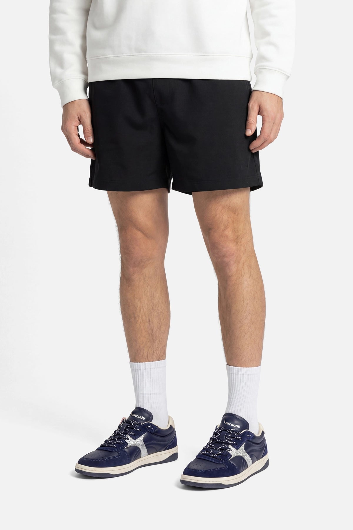 George Sneaker In Navy Suede and Silver Sparkle Leather - Larroude