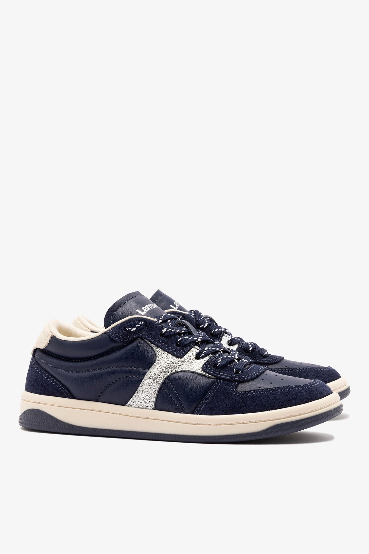 George Sneaker In Navy Suede and Silver Sparkle Leather - Larroude