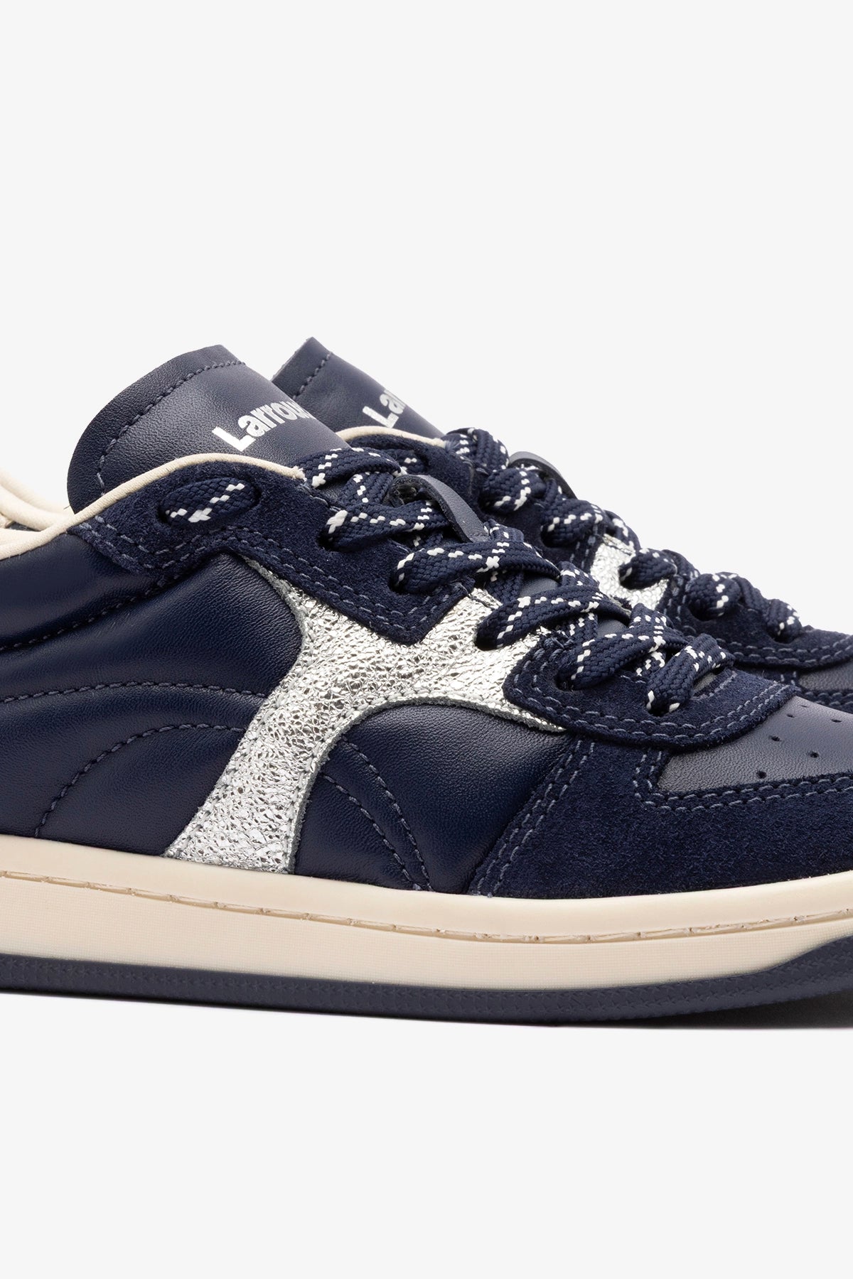 George Sneaker In Navy Suede and Silver Sparkle Leather - Larroude