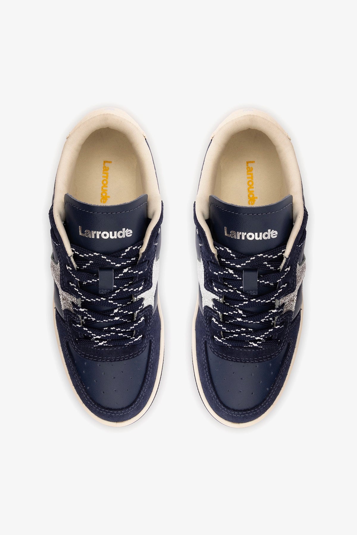 George Sneaker In Navy Suede and Silver Sparkle Leather - Larroude