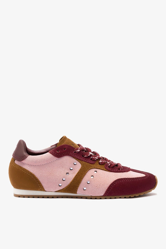 Stella Sneaker In Tulip, Russet and Wine Suede and Silver Metallic Leather - Larroude