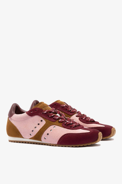 Stella Sneaker In Tulip, Russet and Wine Suede and Silver Metallic Leather - Larroude