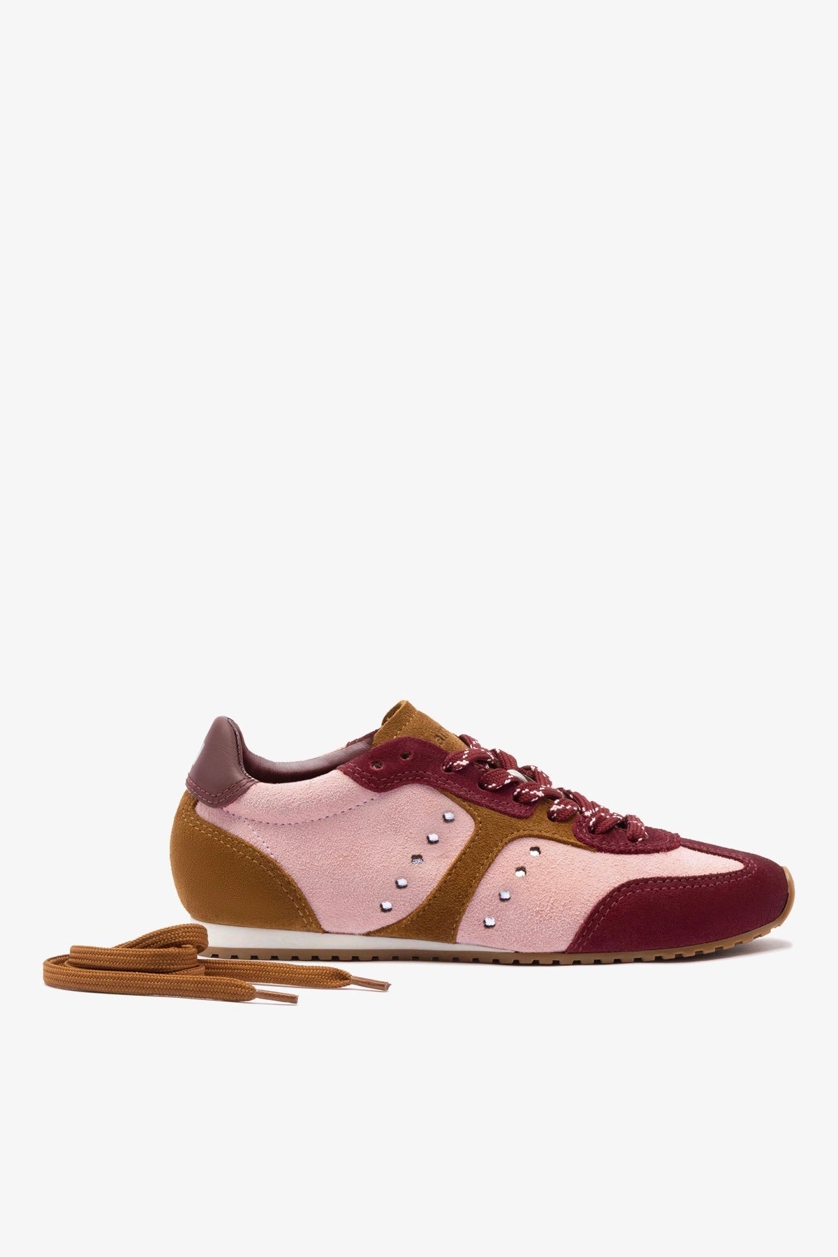 Stella Sneaker In Tulip, Russet and Wine Suede and Silver Metallic Leather - Larroude