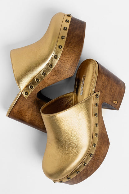 Miso Wooden Platform Clog Gold Leather - Larroude